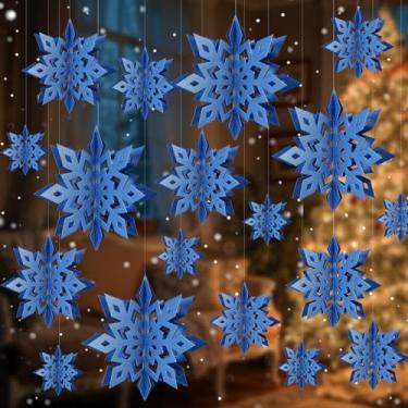 Imagem de Decorações de Natal para pendurar floco de neve, 12 peças de flocos de neve de papel azul real 3D, enfeite de guirlanda de flocos de neve para teto, Natal, inverno, ano novo, feriado, aniversário
