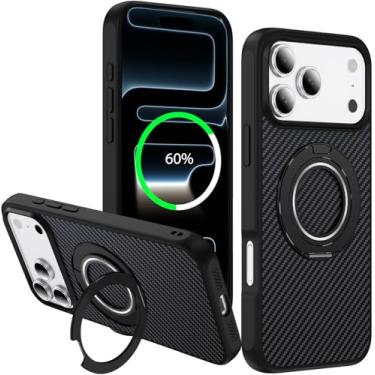 Imagem de Capa Mag-Stand de fibra de carbono para iPhone 17 Pro Max, suporte magnético de rotação de 360°, compatível com MagSafe, proteção militar de 4,5 m, capa de telefone magnética fina à prova de choque