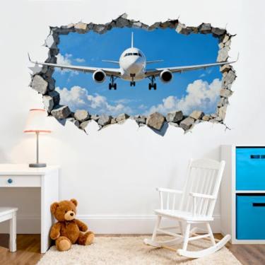 Imagem de Peacoblue Adesivos de parede 3D Breaking Airplane Decalques Decorativos Removíveis Peel and Stick, 2 Folhas 30 cm x 96 cm Murais de Parede de Vinil para Quarto, Sala de Costura, Banheiro, Sala de Aula