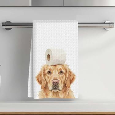 Imagem de Toalhas de cozinha divertidas Golden Retriever e papel higiênico 35 x 61 cm, toalha de prato decorativa de microfibra absorvente, toalhas de mão de waffle para cozinha, casa, banheiro, presentes para