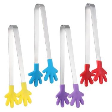 Imagem de LXUEJIE 4 mini pinças de silicone, pinças de silicone em forma de mão de 12 cm, pinça de cozinha colorida, pinça pequena para servir alimentos, cozinhar, aperitivos, cubos de gelo, frutas, açúcar