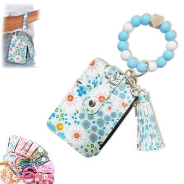 Imagem de Chaveiro feminino Boho com contas e estampa de flores, carteira de pulso Boho para mulheres, estilo boêmio, franjas, porta-chaves, carteira, porta-cartões de crédito, Azul claro, Boho
