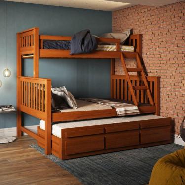 Imagem de Treliche Com Cama De Casal Castanho Claro C- Cama Auxiliar 3 Gavetas Madeira Pinus
