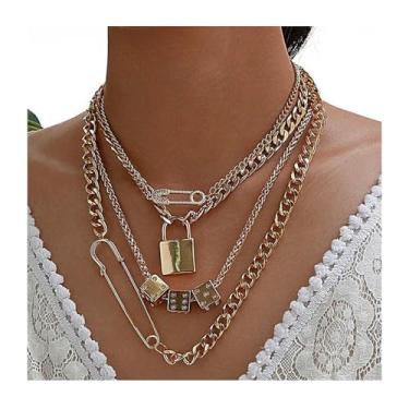Imagem de ZZQPSD Colar punk de corrente cubana hip hop, colar de prata em camadas de dados, clipe de papel, pingente de cadeado com colar de declaração para mulheres e homens, General, Metal, em