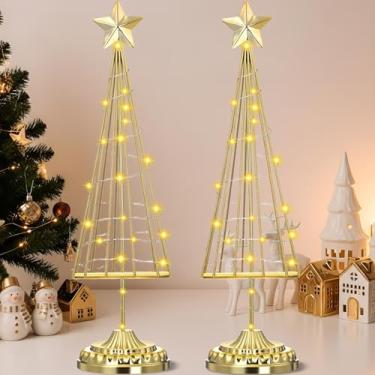 Imagem de Yuefunny Conjunto de 2 decoração de mesa de árvore de Natal iluminada com estrela dourada operada por bateria Prelit mini árvore de Natal com iluminação LED enfeite de mesa para casa (guarda-chuva