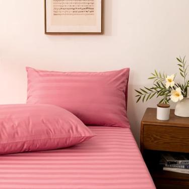 Imagem de NookZuzu Jogo de lençol com elástico rosa, conjunto completo de lençol com elástico e fronha de algodão, lençol com elástico profundo de algodão orgânico, jogo de cama de 3 peças, sem lençol de cima