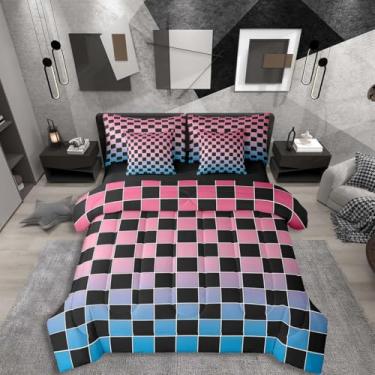 Imagem de Erosebridal Conjunto de edredom completo xadrez preto com 7 peças, rosa, azul, ombré, em uma bolsa, buffalo, xadrez, para crianças e adultos, conjunto de cama de guingão