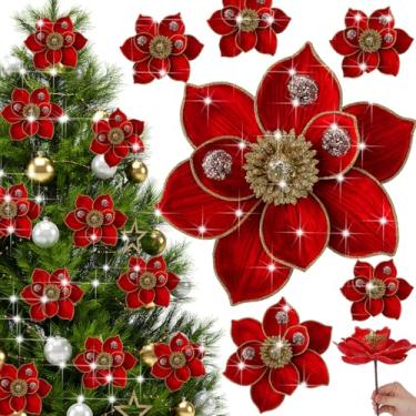 Imagem de Outus 24 peças de flores de magnólia de veludo com glitter, 3 tamanhos grandes, flores artificiais de Natal falsas, 25,4 cm + 20,3 cm + 16 cm, enfeites de guirlanda com hastes para decorações de festa