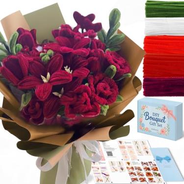 Imagem de NREDXOON Kit de limpeza de cachimbo de flores para adultos, kit faça você mesmo de rosas vermelhas e tulipas, artesanato relaxante para alívio do estresse, presente de aniversário feito à mão para mãe