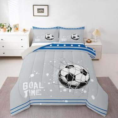 Imagem de Erosebridal Jogo de cama para meninos, tamanho casal, gol de futebol, bola esportiva, para amantes de futebol, estrelas geométricas, conjunto de edredom listrado, 2 fronhas (Detroit)