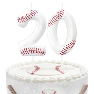 Imagem de Velas de aniversário número 20 de beisebol, topo de bolo com tema de beisebol para meninos e meninas, decorações de bolo para aniversários, suprimentos de festa com tema esportivo, velas para