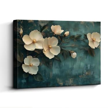 Imagem de Arte de parede de flor branca, flores de marfim em azul-petróleo, decoração de parede vintage, impressão em tela sem moldura, arte de pôster botânico, para presente de sala de estar no quarto, 38 x 30