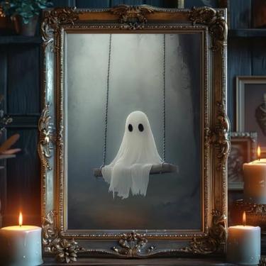 Imagem de Arte de parede em tela fantasma Moody Spooky Print Ghost On A Swing Poster Funny Ghostes Painting Haunted Forest Wall Art Dark Academia Poster Pintura gótica Halloween Sala de estar mística 40 x 61 cm