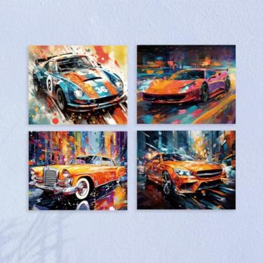 Imagem de 4 peças fantásticas decoração de parede de carro sem moldura pintura artística supercarro pôster arte para paredes, aquarela respingo carro garagem decoração de parede impressões modernas para meninos