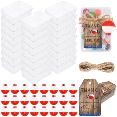 Imagem de ARQRHTLY 24 conjuntos de lembrancinhas de festa de pesca com 24 mini caixas de equipamento, 24 boias flutuantes, 24 cartões de agradecimento e barbante, mini caixas de equipamentos para lembrancinhas