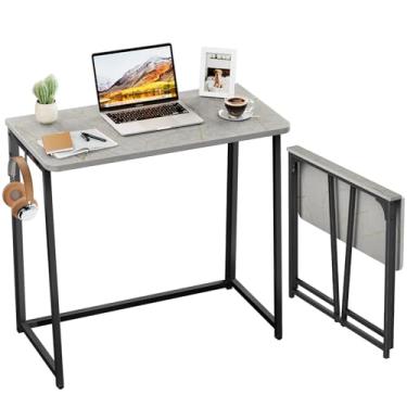 Imagem de WOHOMO Mesa de trabalho dobrável pequena para computador, mesa de estudo, montagem fácil, economia de espaço, laptop, mesa, mesa de trabalho para escritório em casa, cinza