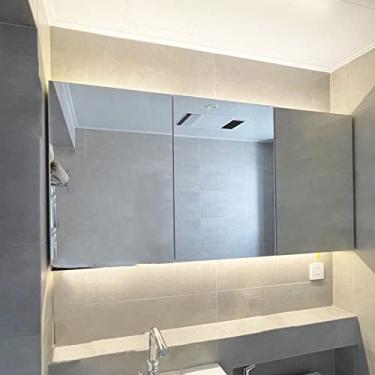 Imagem de SPXMQSS Armários de banheiro com luzes, armário de armazenamento de espelho de banheiro com prateleiras de espelho, armários de banheiro com espelho, 3 portas, unidades de armazenamento montadas na