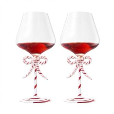 Imagem de Khen Taças de vinho com laço de bengala de doces de Natal - Conjunto de 4 - Taças festivas de haste de fita de Papai Noel 590 ml, vermelho e branco listrado borossilicato, festas de inverno para
