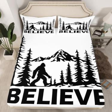 Imagem de Feelyou Jogo de lençol Queen com estampa de caçador de orangotango com pé grande, preto e branco, para decoração de casa selvagem