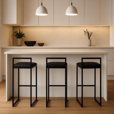 Imagem de Kit 3 Banquetas material sintético Ferro Cozinha Balcão Alta Bistro Pr