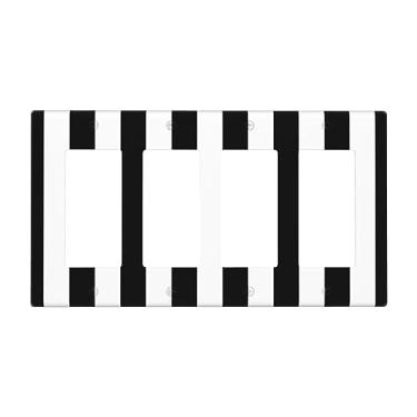 Imagem de Placa de parede com estampa listrada preta e branca, capa decorativa, tamanho padrão, painel de interruptor quádruplo para placas de luz, capas de interruptores para decoração de quarto e casa