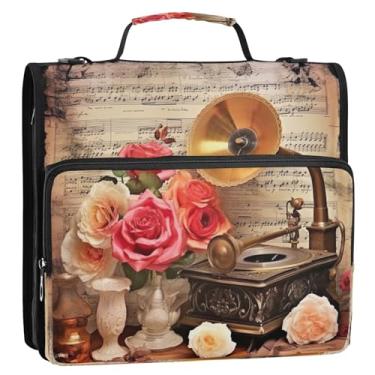 Imagem de Wassud Pasta organizadora expansível vintage de gramofone e rosas com 3 anéis com alça de ombro e alça de vários bolsos