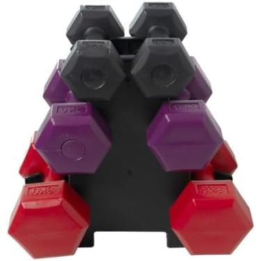 Imagem de Kit de Halteres com Suporte – 3 Pesos, Cores Roxo e Vermelho Ideal para Exercícios em Casa