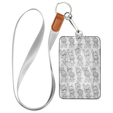Imagem de Wassud Porta-crachá de couro PU fofo Mummie Halloween com cordão, porta-cartão de identificação para trabalho, cordão de pescoço com compartimentos para cartões de crédito, funcionários, estudantes