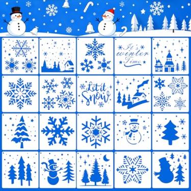 Imagem de Estêncil de pinheiro de Natal para artesanato - estêncil reutilizável de presépio de floco de neve, modelos de desenho de boneco de neve de Natal para pintar cartões de Natal, caixa de presente, 20