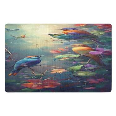 Imagem de Qilmy Pássaros coloridos empoleirados em flores capachos ao ar livre 81 x 50 cm, tapete de boas-vindas interno, tapetes de banho fofos, capacho frontal antiderrapante para entrada, pátio, áreas de