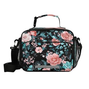 Imagem de Burbuja Lancheira para mulheres, homens, adultos, rosa, azul-petróleo, floral, lancheira reutilizável, bolsa térmica com alça para trabalho, escritório, piquenique, escola