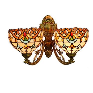 Imagem de Arandela de parede vintage estilo Tiffany barroco com 2 braços, vitral com iluminação voltada para cima e para baixo, ideal para quarto, sala de estar, corredor e varanda, soquete E27, 20 cm
