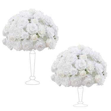 Imagem de Angela flower 2 peças de centro de mesa de 38 cm decorações de mesa brancas flores artificiais bolas de rosas para centro de mesa de casamento buquê de festa arranjo floral falso (sem suporte)