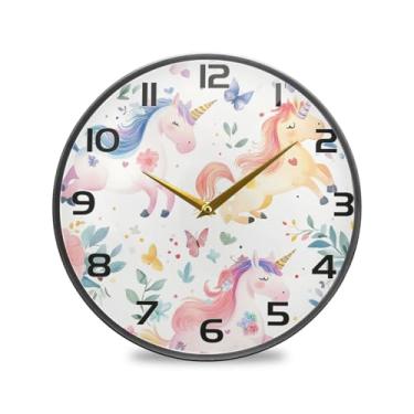 Imagem de YETTASBIN Relógio de parede acrílico unicórnios – Silencioso, sem tique-taque, operado por bateria, relógio redondo decorativo criativo para cozinha, sala de estar, banheiro, decoração de escritório