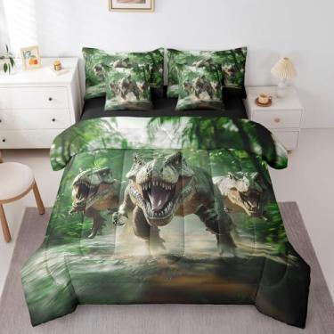 Imagem de O jogo de cama de dinossauro inclui edredom, conjunto de lençol, fronhas e fronhas, tamanho Queen, estampa de dinossauro, 7 peças, conjunto de edredom de dinossauro da selva, microfibra macia, animais