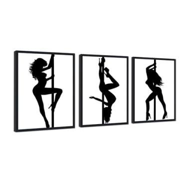Imagem de Arte de parede de dança emoldurada de 3 peças - preto e branco impressões em tela de dançarina abstrata de mulher pintura sexy pôster moderno imagem arte para meninas quarto sala de estar banheiro