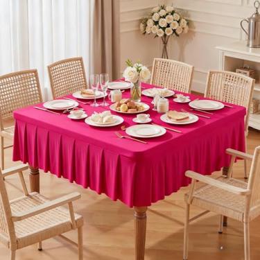 Imagem de Wish Care Toalhas de mesa de elastano rosa choque para mesas quadradas de 152 x 152 cm, roupas de mesa elásticas com saia plissada com babados para mesa de 152 cm, sem rugas e elásticas, para festa