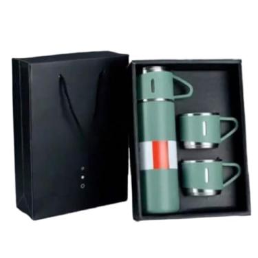 Imagem de Kit Garrafa Térmica Vacuum Bottle Inox 500ml + Xícaras Bebidas Fria ou Quente(verde)