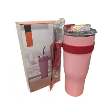 Imagem de copo térmico com alça 1200ml com isolamento térmico de aço inox de grande capacidade(ROSA)