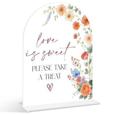 Imagem de Placa Love Is Sweet - Sinais de chá de panela de flores silvestres, 1 pacote de placa de acrílico com suporte, centro de mesa de chá de panela para mesas, decoração de recepção de casamento floral