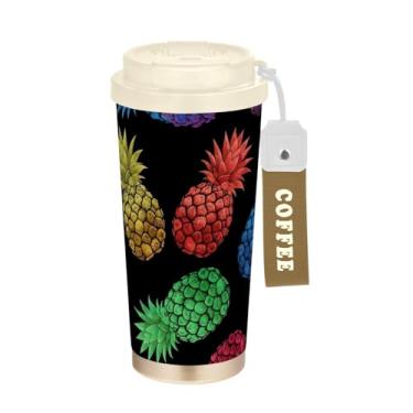 Imagem de TSENQUE Caneca de café de viagem 40 ml com revestimento cerâmico, copo de café de viagem de aço inoxidável com canudo e tampa, copo isolado a vácuo, abacaxi colorido preto