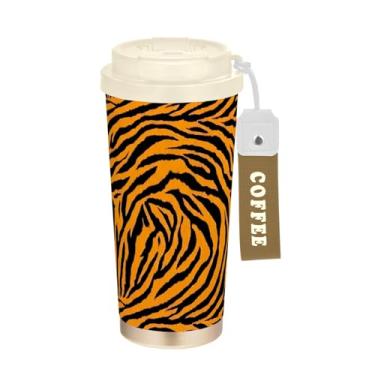 Imagem de TSENQUE Caneca de café de viagem de 473 ml com tampa de canudo e filp, copo de café de viagem de aço inoxidável isolado a vácuo à prova de vazamento, listra de tigre amarelo preto