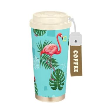 Imagem de TSENQUE Copo de café de 473 ml com canudo e tampa de enchimento, revestimento cerâmico, isolamento a vácuo, aço inoxidável, copo de café, à prova de vazamento, flamingos rosa e folhas aquáticas