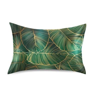 Imagem de Fronhas de cetim verde-azulado com folhas tropicais, estampa de arte divertida, revigorante, King, Queen, capas de almofadas, presentes de cama confortáveis, tamanho padrão 66 x 50 cm