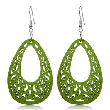 Imagem de RofYof Brincos femininos geométricos de madeira vazados naturais boêmios, Small, Madeira, Sem pedra preciosa