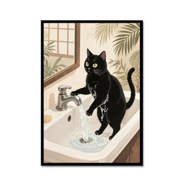 Imagem de Arte de parede em tela de gato preto engraçado na banheira gato fofo lavar suas patas lendo pôster de jornal banheiro impressões animais decoração de parede (SKU3,16x24" = (40x60 cm), moldura de metal