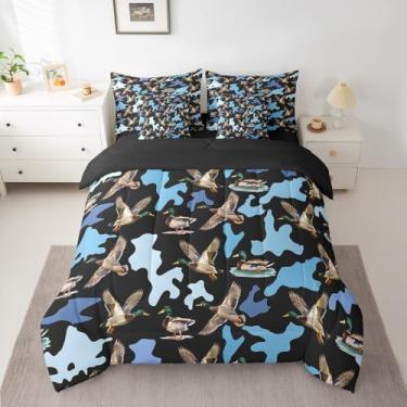 Imagem de Feelyou Jogo de cama solteiro de pato camuflado, caçador, cama de caça de pato em uma bolsa com edredom, lençóis, fronhas e capa de almofada, camuflagem caçador, conjunto de edredom com lençol azul e