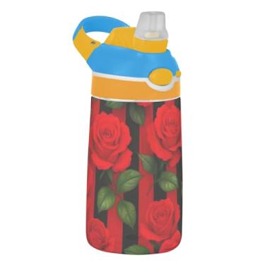Imagem de Garrafa de água infantil de 473 ml com tampa de palha, garrafa de água esportiva reutilizável para escola, copo Tritan de 473 ml, alça de transporte, rosas vermelhas listras pretas
