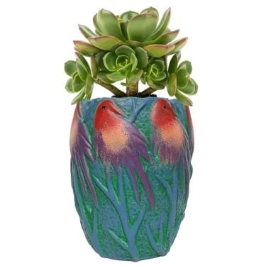 Imagem de Yuccasly Vaso de cerâmica de 15,7 cm de altura com padrão de pássaro, vaso oval esmaltado verde, recipiente para suculentas Boho para ambientes internos e externos com orifício de drenagem
