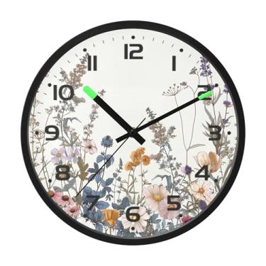 Imagem de SEHANY Herb Wildflower Relógio de parede silencioso sem tique-taque relógio redondo operado por bateria 30 cm controle de som luz noturna relógios de parede para sala de estar, cozinha, quarto